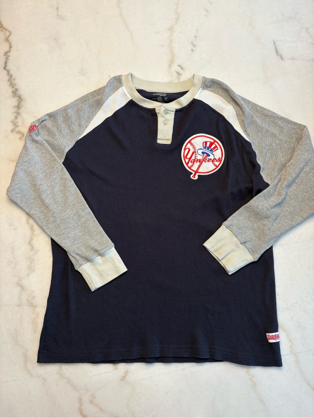 Stitches Navy and Gray Baseball Henley with Patch